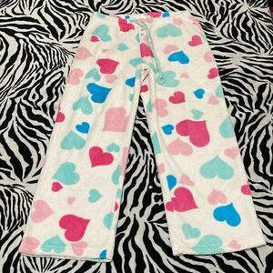 Fluffy kawaii white bottom pj pajama pants valentines heart print size large